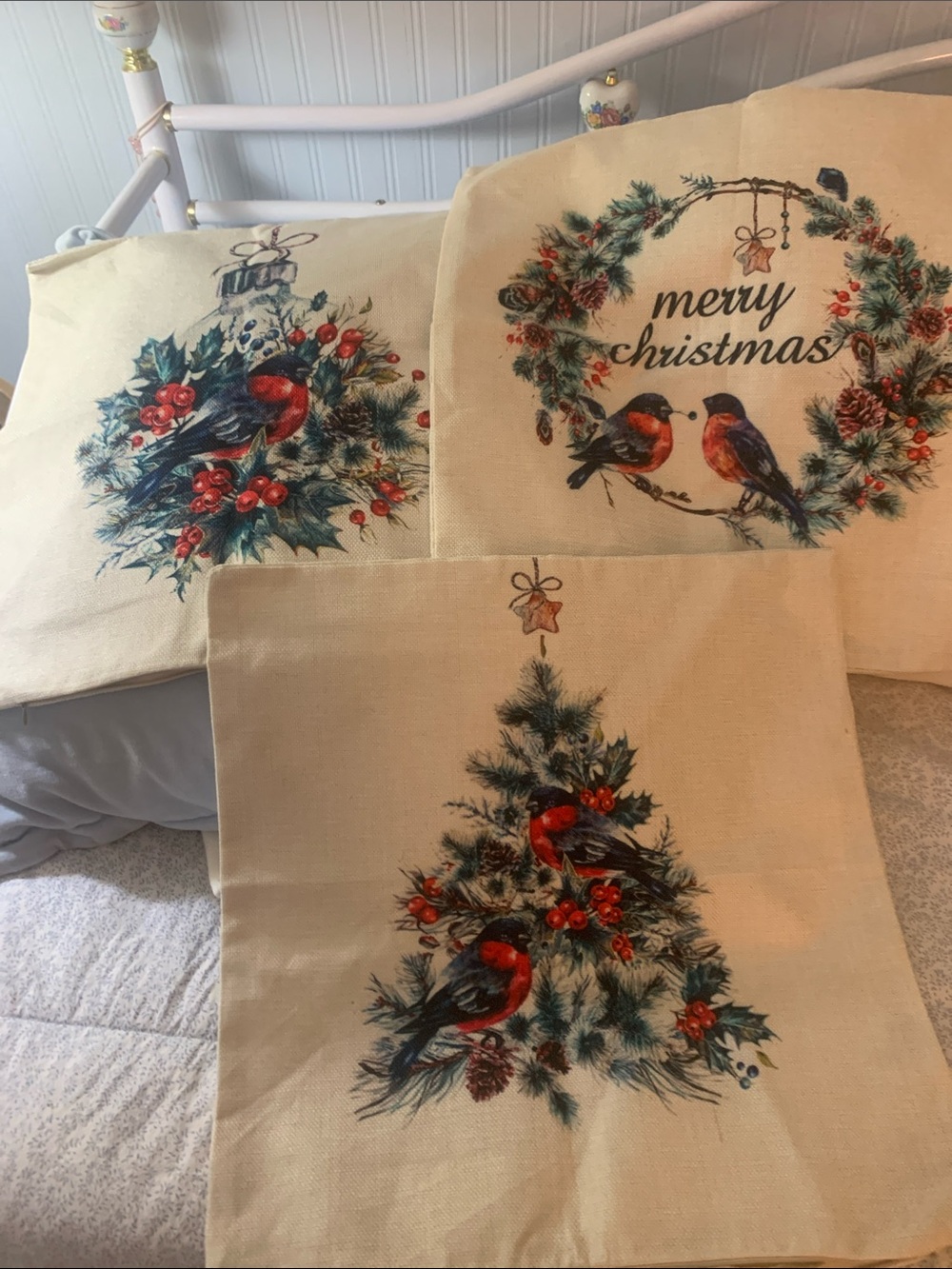 Source Unknown Cream Holiday Pillow Covers with Red Cardinals and Green Foliage